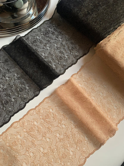 Black or Champagne Gold Shimmer Embroidered Lace Trim 7.5”/19.5cm Swirl Tulle Scallop Edge Fabric for Bra Making Knickers Lingerie Sewing