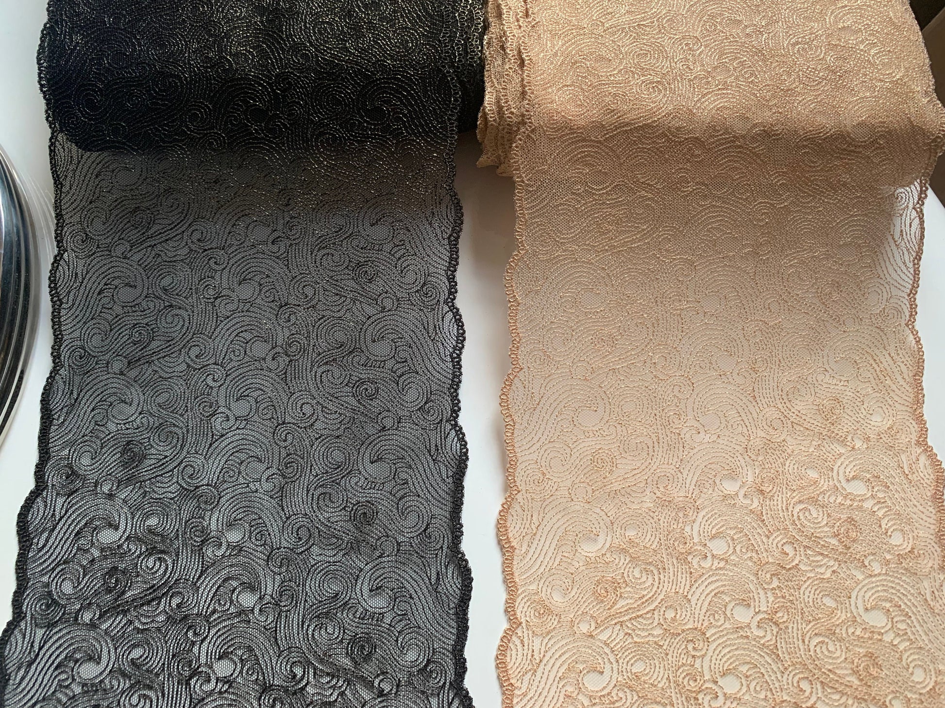 Black or Champagne Gold Shimmer Embroidered Lace Trim 7.5”/19.5cm Swirl Tulle Scallop Edge Fabric for Bra Making Knickers Lingerie Sewing