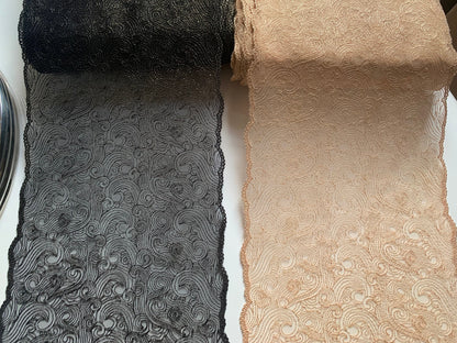 Black or Champagne Gold Shimmer Embroidered Lace Trim 7.5”/19.5cm Swirl Tulle Scallop Edge Fabric for Bra Making Knickers Lingerie Sewing