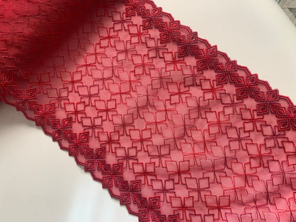 1.8m Red Diamond Embroidered Lace Trim 8”/20.5cm Tulle Geometric Scallop Edge Fabric for Bra Making Knickers Lingerie Sewing Craft