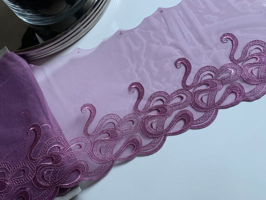 Lilac Swirl Embroidered Lace Trim 8.25”/21cm Tulle Scallop Edge Fabric for Bra Making Knickers Lingerie Sewing Craft
