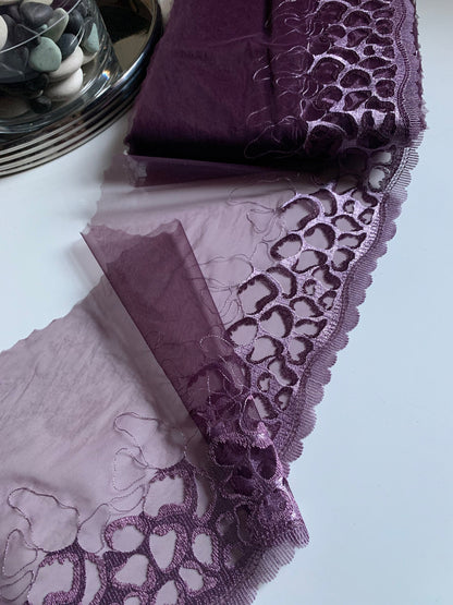 Lilac Leopard Embroidered Lace Trim 9.25”/23.5cm Purple Tulle Scallop Edge Fabric for Bra Making Knickers Lingerie Sewing Craft