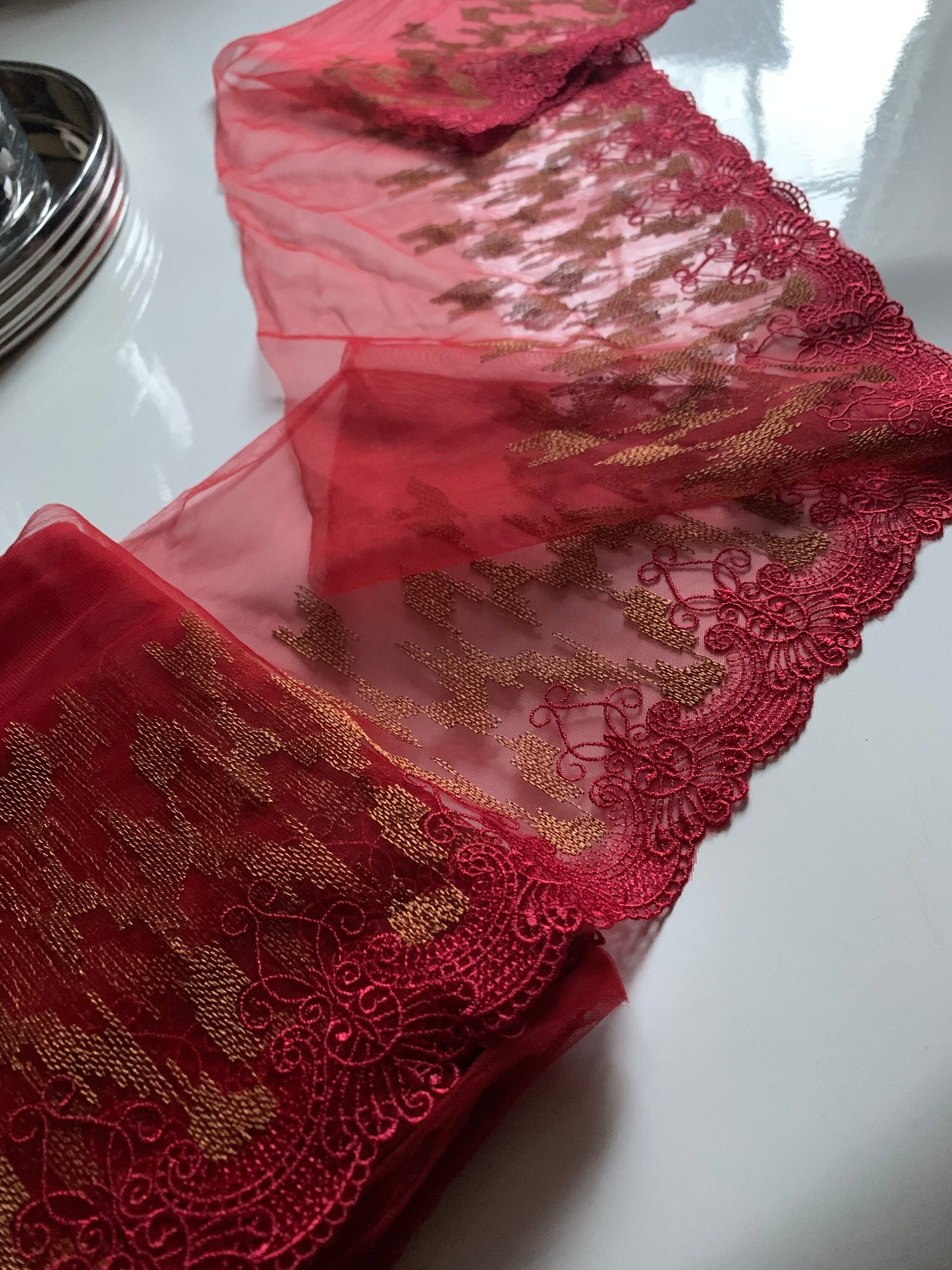 Red Bronze Embroidered Lace Trim 9”/22.5cm Tulle Scallop Edge Fabric for Bra Making Knickers Lingerie Sewing Craft