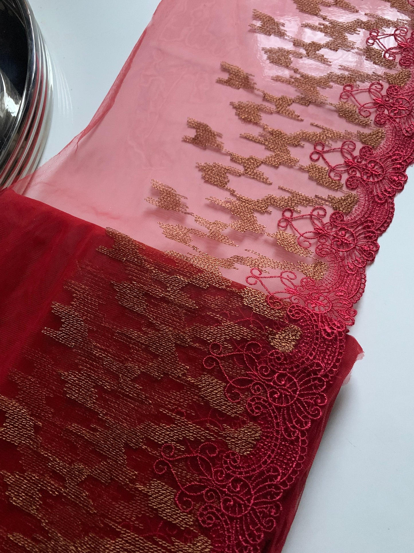 Red Bronze Embroidered Lace Trim 9”/22.5cm Tulle Scallop Edge Fabric for Bra Making Knickers Lingerie Sewing Craft