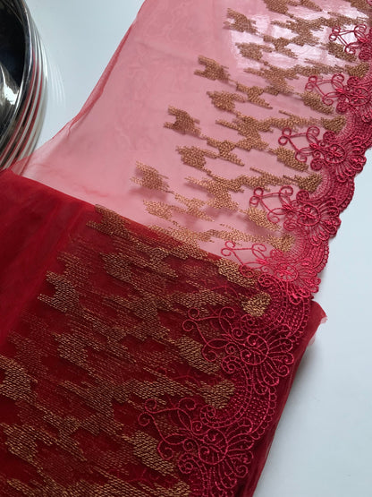 Red Bronze Embroidered Lace Trim 9”/22.5cm Tulle Scallop Edge Fabric for Bra Making Knickers Lingerie Sewing Craft