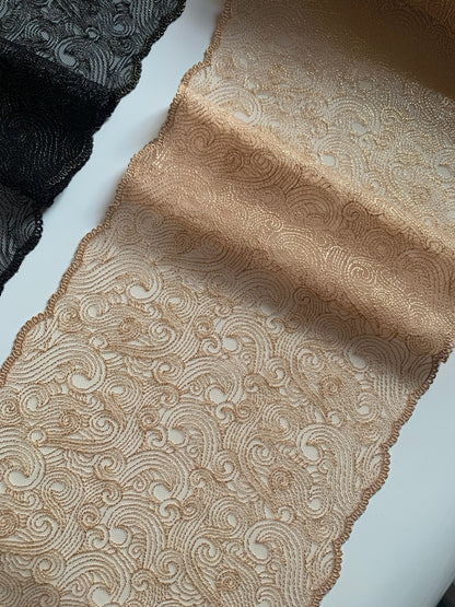 Black or Champagne Gold Shimmer Embroidered Lace Trim 7.5”/19.5cm Swirl Tulle Scallop Edge Fabric for Bra Making Knickers Lingerie Sewing