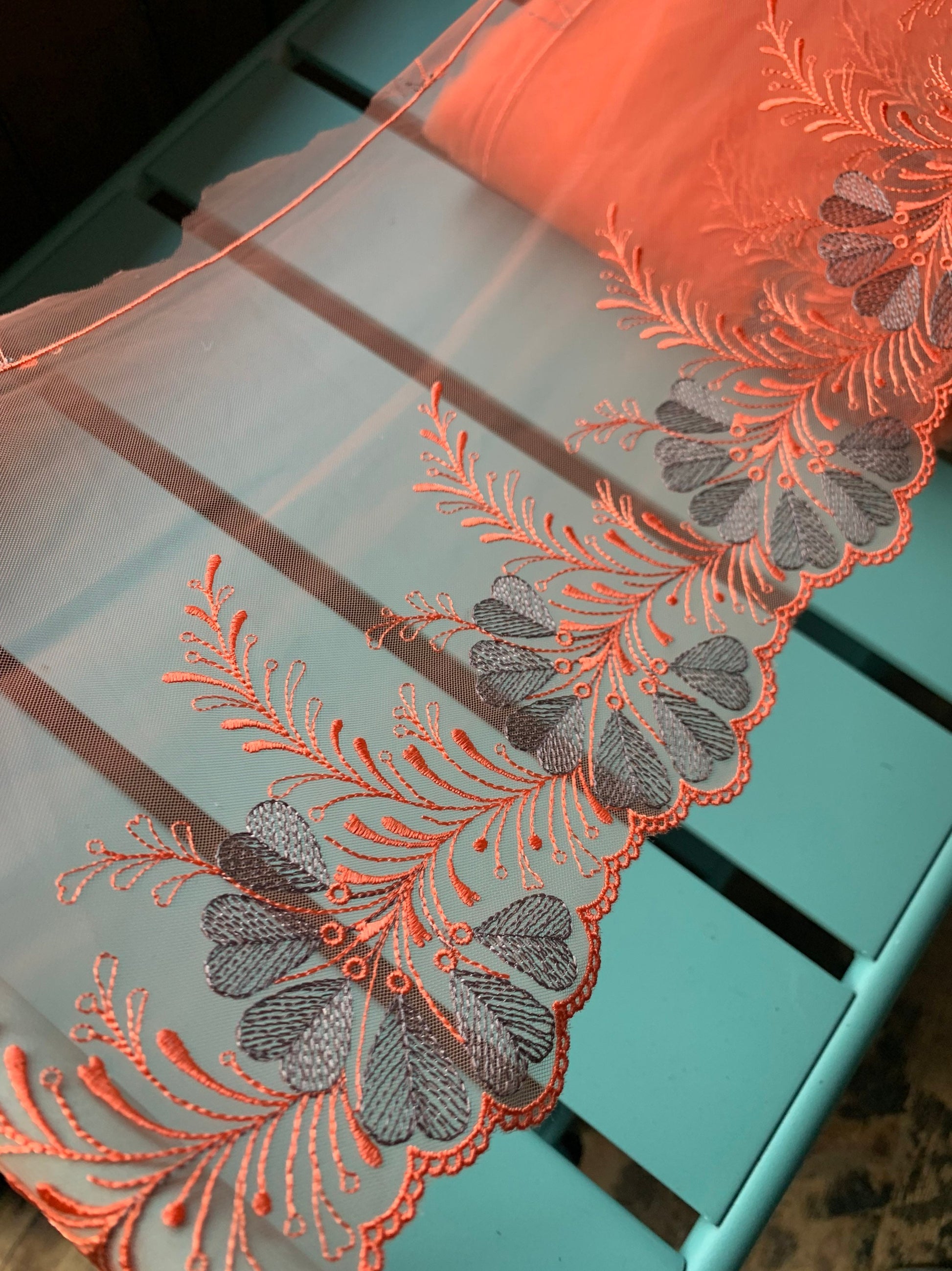 Orange Tulle Lace Trim 7.75”/19.5cm Embroidered Floral Scallop Edge Fabric for Bra Making Bramaking Knickers Lingerie Sewing Craft