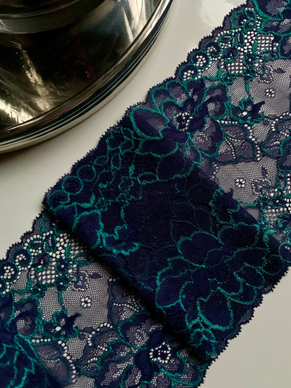 Teal Navy Blue Low Stretch Lace Trim 6.25”/16cm Floral Scallop Edge Wide Lace Fabric for Bra Making Bramaking Knickers Lingerie Sewing Craft