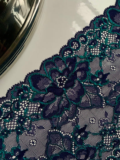 Teal Navy Blue Low Stretch Lace Trim 6.25”/16cm Floral Scallop Edge Wide Lace Fabric for Bra Making Bramaking Knickers Lingerie Sewing Craft