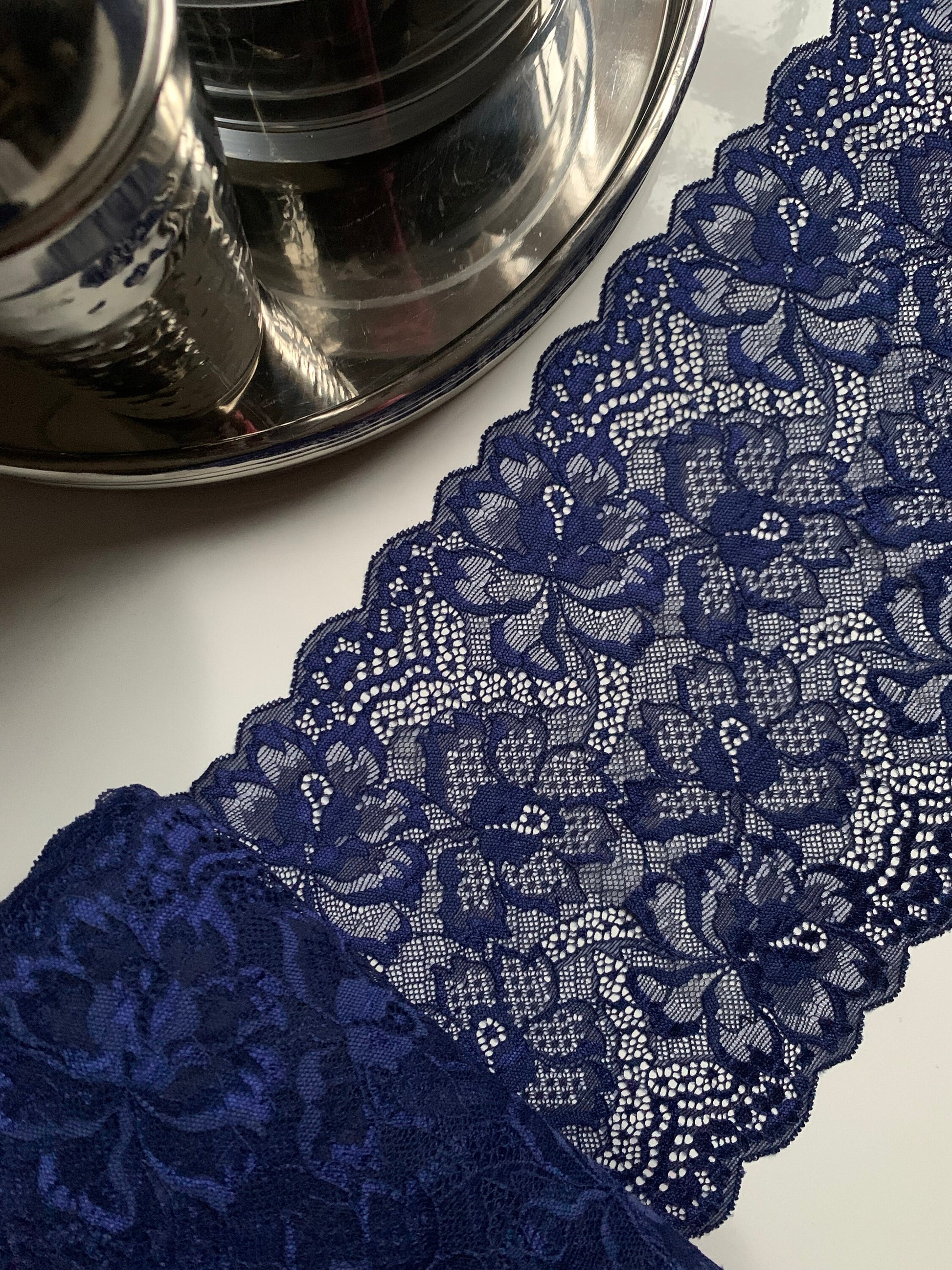 Navy Blue Stretch Lace Trim 7.75”/20cm Floral Scallop Edge Wide Lace Fabric for Bra Making Bramaking Knickers Lingerie Sewing Crafts