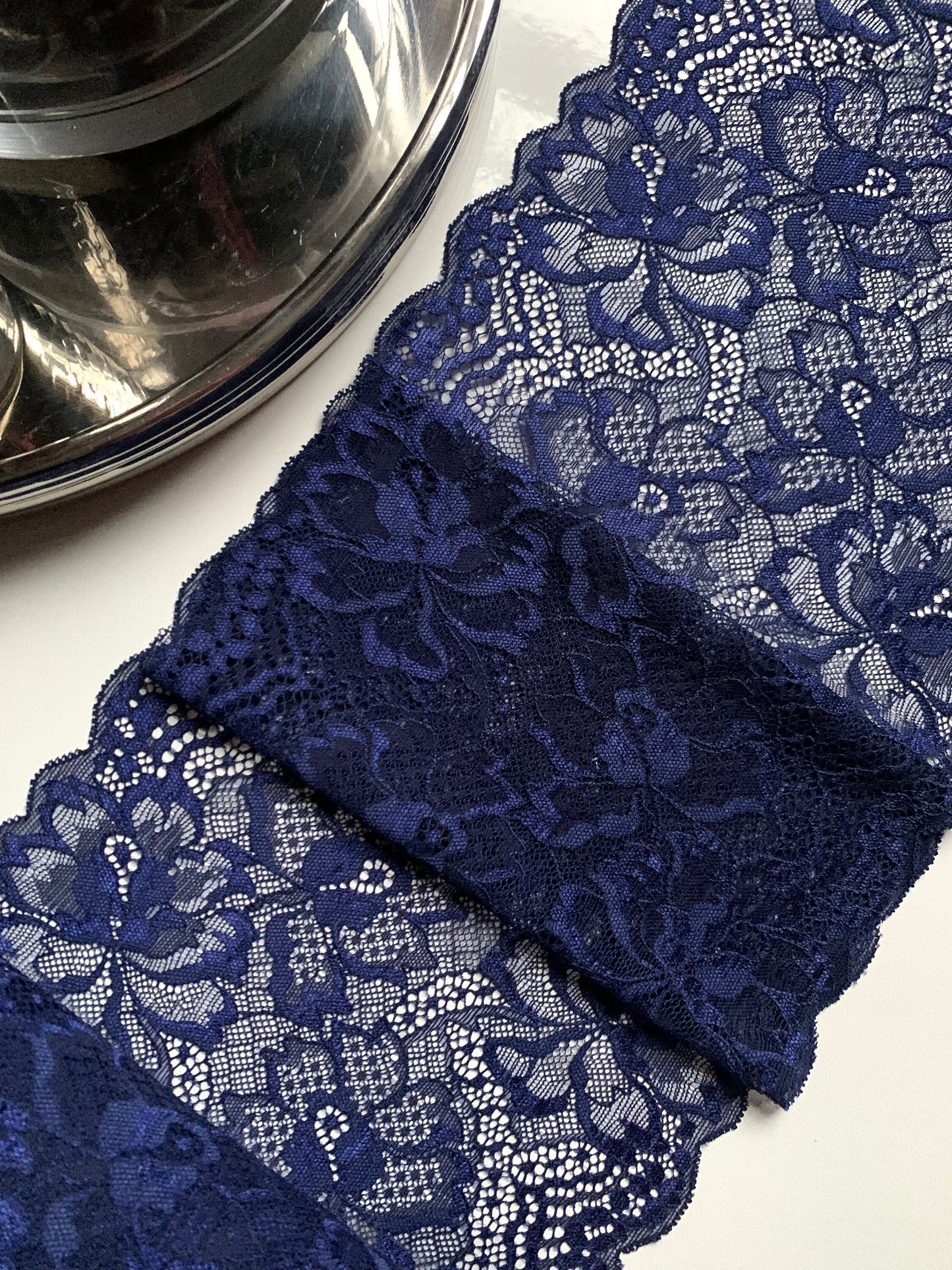 Navy Blue Stretch Lace Trim 7.75”/20cm Floral Scallop Edge Wide Lace Fabric for Bra Making Bramaking Knickers Lingerie Sewing Crafts