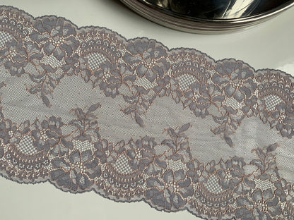 Grey Silver Stretch Lace Trim 7.75”/20cm Floral Scallop Edge Wide Lace Fabric for Bra Making Bramaking Knickers Lingerie Sewing Crafts