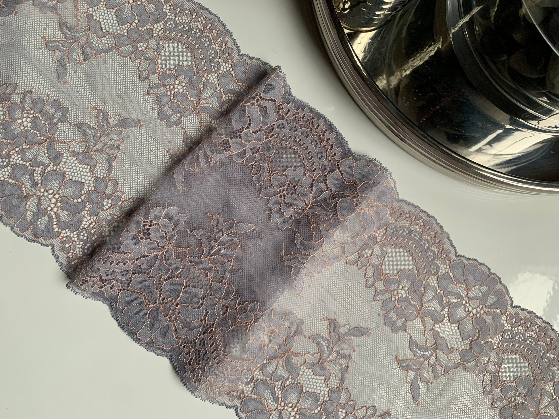 Grey Silver Stretch Lace Trim 7.75”/20cm Floral Scallop Edge Wide Lace Fabric for Bra Making Bramaking Knickers Lingerie Sewing Crafts