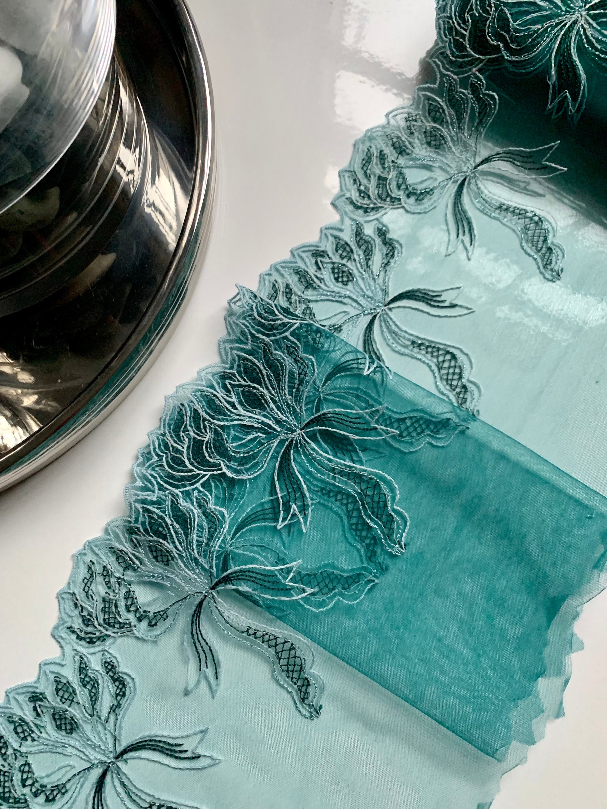 Mint Blue Green Tulle Lace Trim 8”/20cm Embroidered Floral Scallop Edge Fabric for Bra Making Bramaking Knickers Lingerie Sewing Craft
