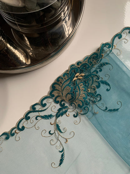 Blue Champagne Gold Lace Trim 10”/25.5cm Embroidered Floral Scallop Edge Fabric for Bra Making Bramaking Knickers Lingerie Sewing Craft