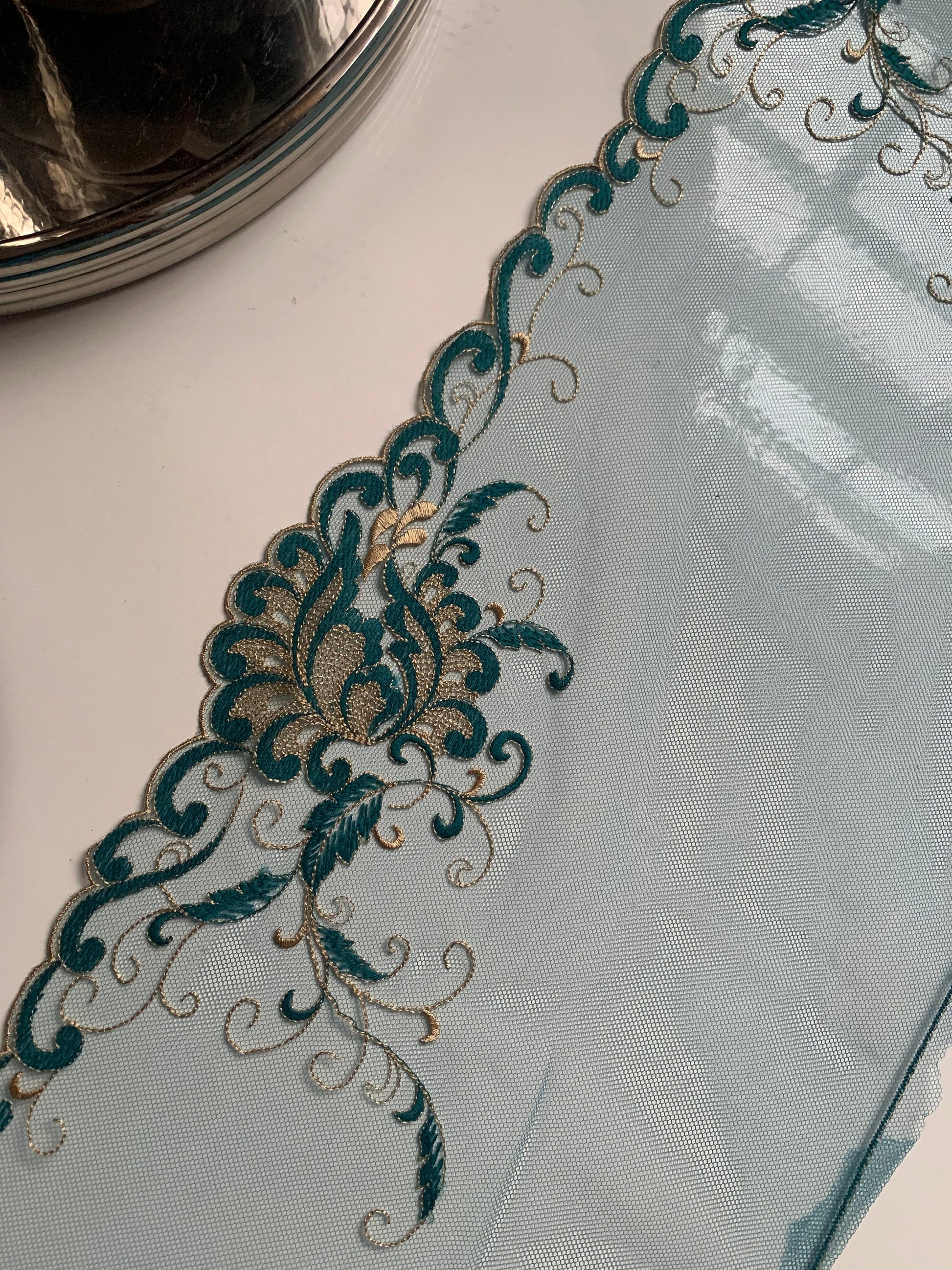 Blue Champagne Gold Lace Trim 10”/25.5cm Embroidered Floral Scallop Edge Fabric for Bra Making Bramaking Knickers Lingerie Sewing Craft