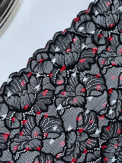 Black Tiny Heart Stretch Lace Trim 7.75”/20cm Floral Scallop Edge Wide Lace Fabric for Bra Making Bramaking Knickers Lingerie Sewing Crafts