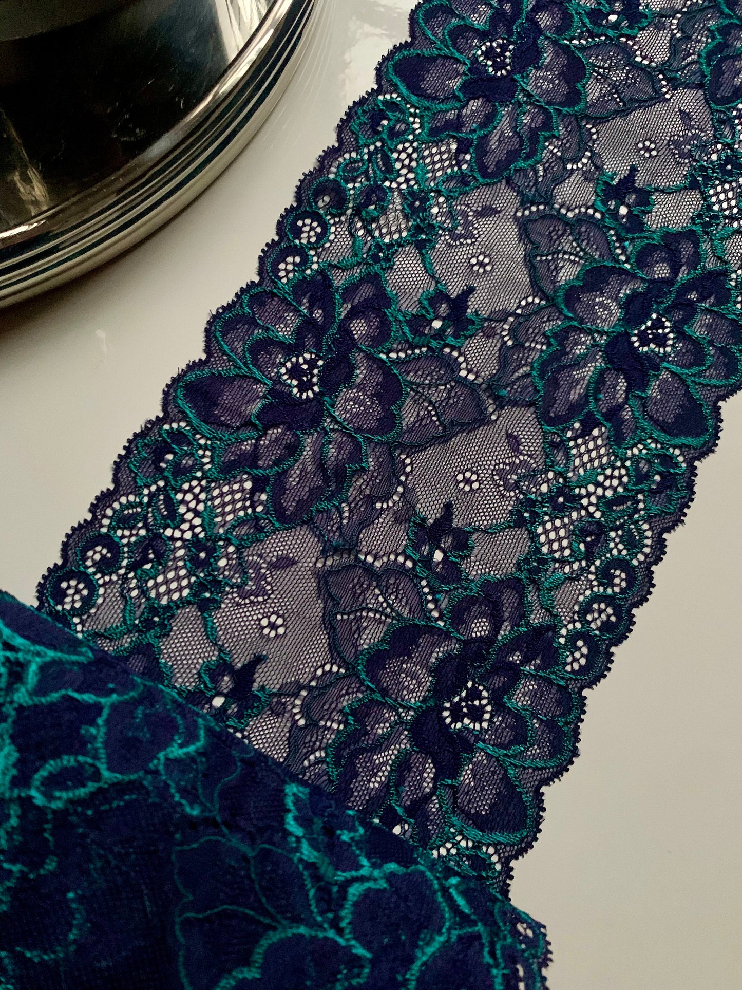 Teal Navy Blue Low Stretch Lace Trim 6.25”/16cm Floral Scallop Edge Wide Lace Fabric for Bra Making Bramaking Knickers Lingerie Sewing Craft