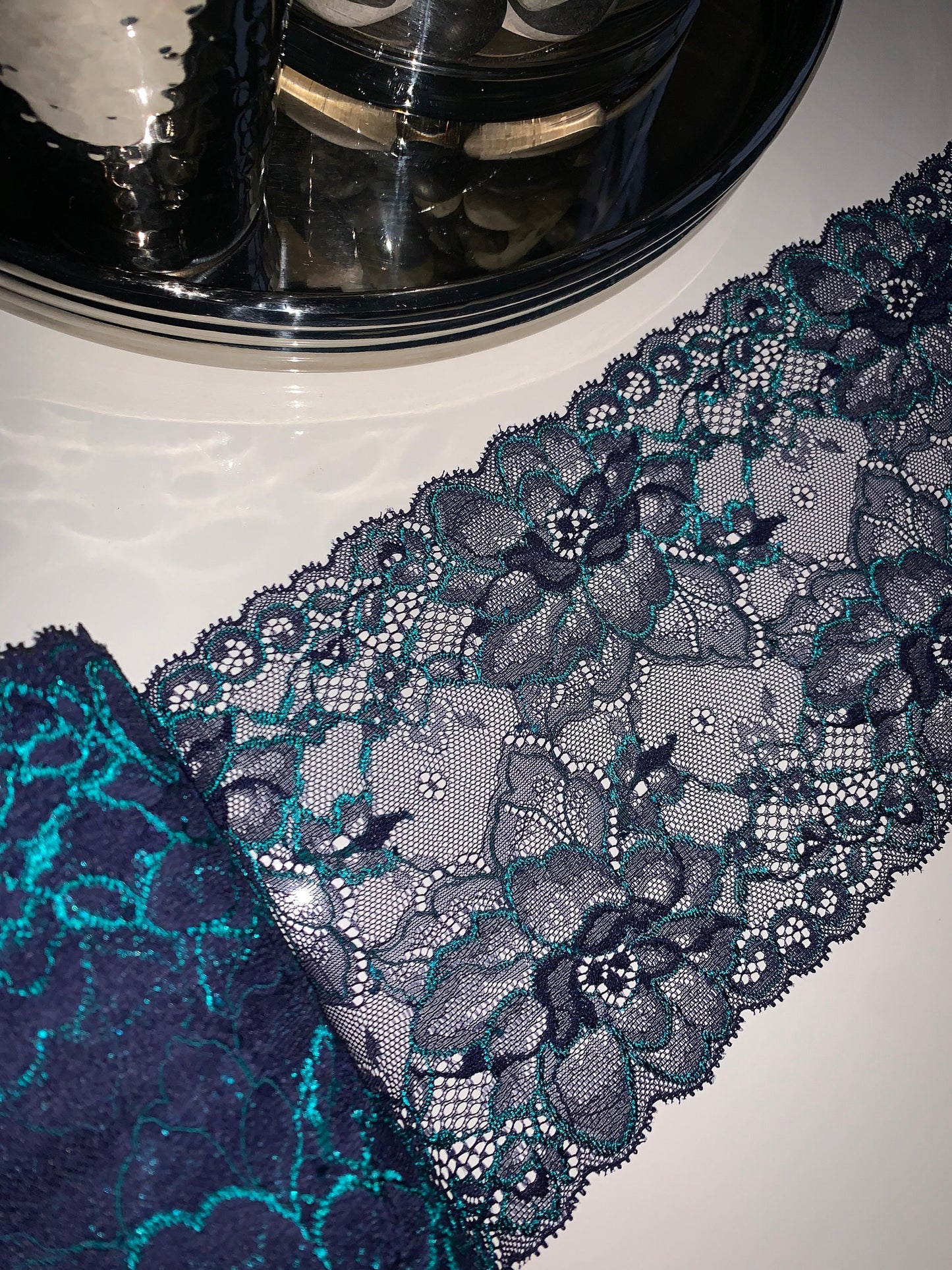 Teal Navy Blue Low Stretch Lace Trim 6.25”/16cm Floral Scallop Edge Wide Lace Fabric for Bra Making Bramaking Knickers Lingerie Sewing Craft