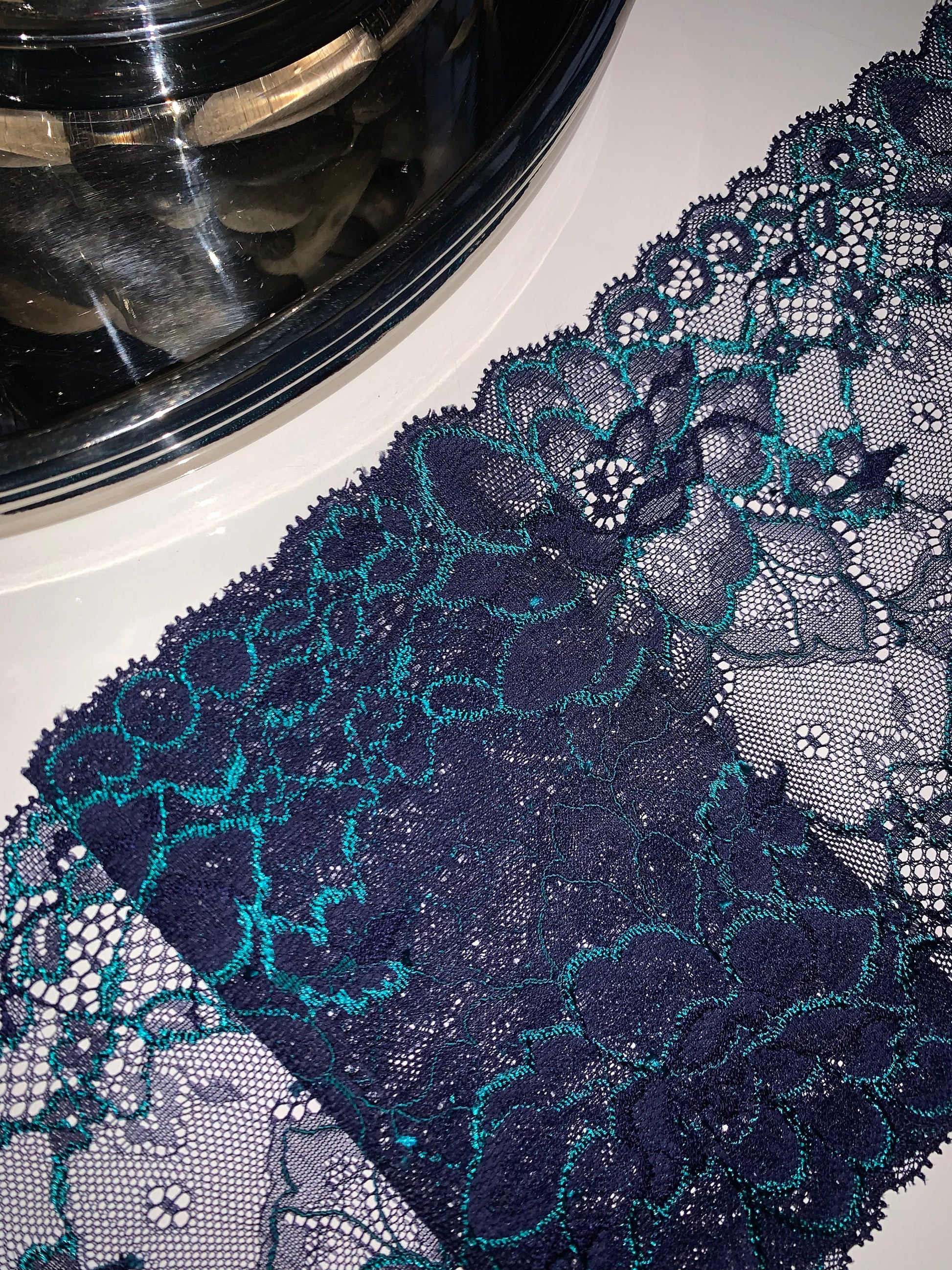 Teal Navy Blue Low Stretch Lace Trim 6.25”/16cm Floral Scallop Edge Wide Lace Fabric for Bra Making Bramaking Knickers Lingerie Sewing Craft