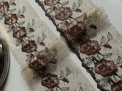 Gold Brown Embroidered Wide Lace Gauze Trim Duo Dual Floral Scallop Edge Fabric for Bra Making Bramaking Knickers Lingerie Sewing Craft