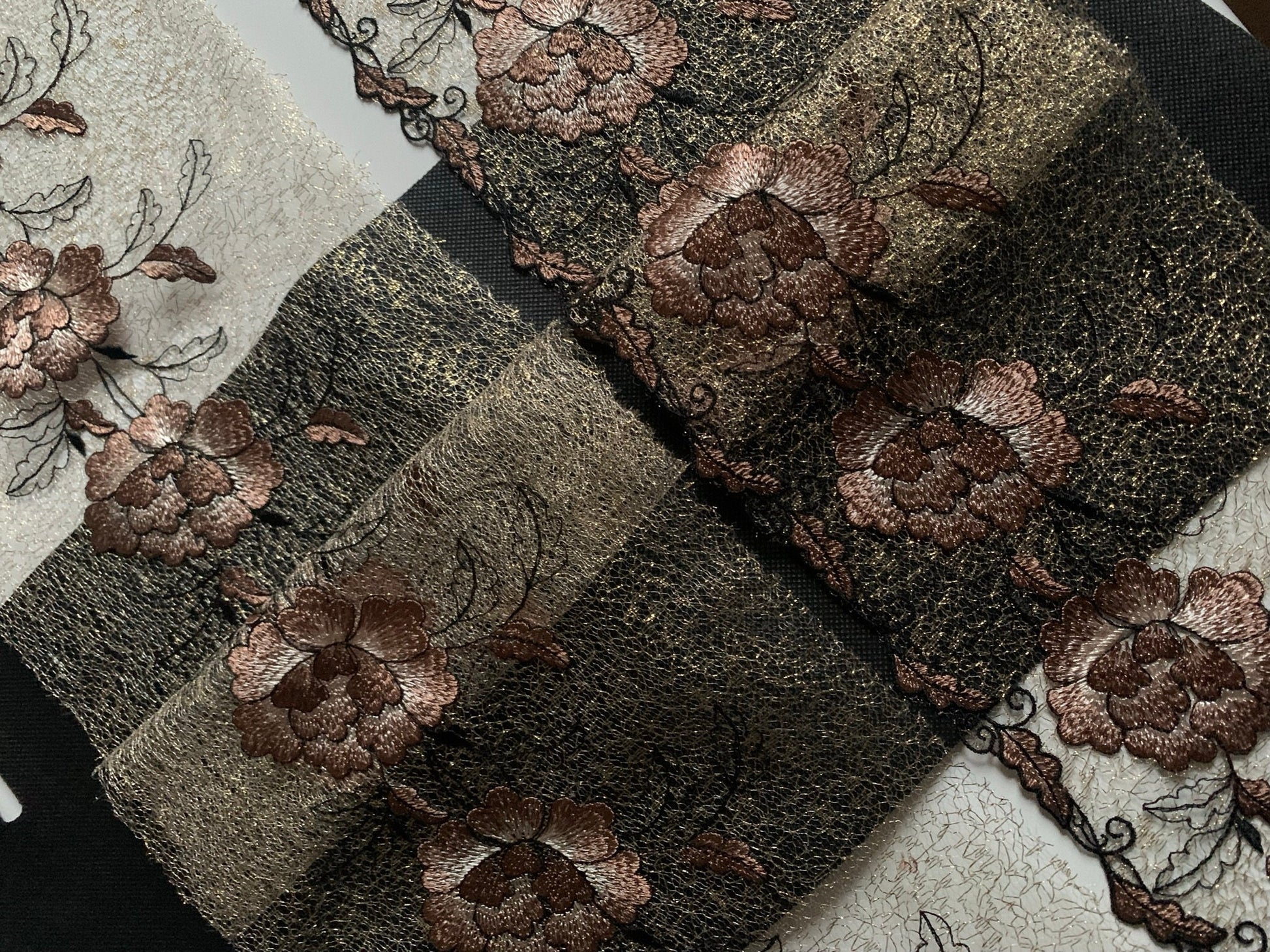 Gold Brown Embroidered Wide Lace Gauze Trim Duo Dual Floral Scallop Edge Fabric for Bra Making Bramaking Knickers Lingerie Sewing Craft