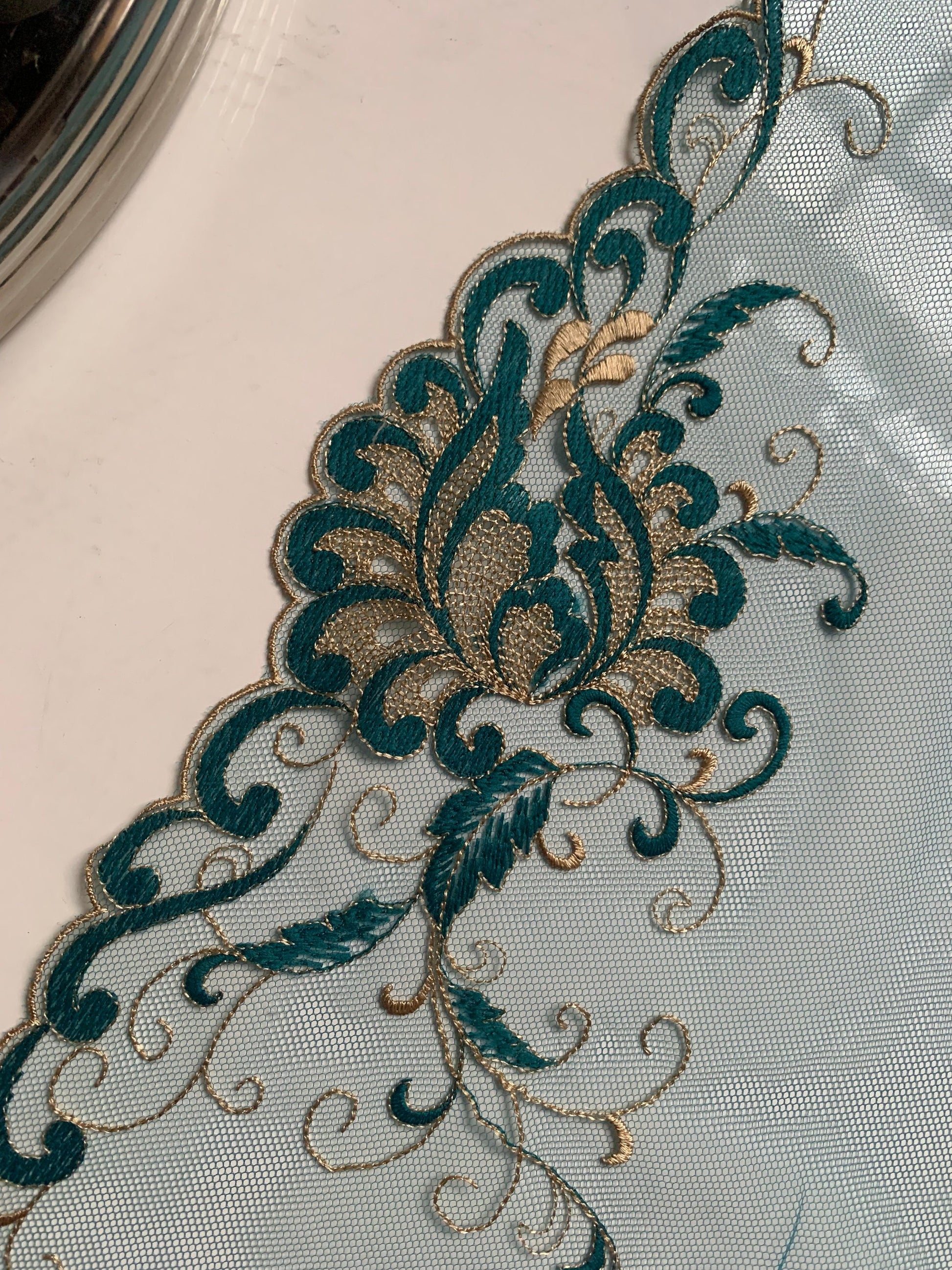 Blue Champagne Gold Lace Trim 10”/25.5cm Embroidered Floral Scallop Edge Fabric for Bra Making Bramaking Knickers Lingerie Sewing Craft