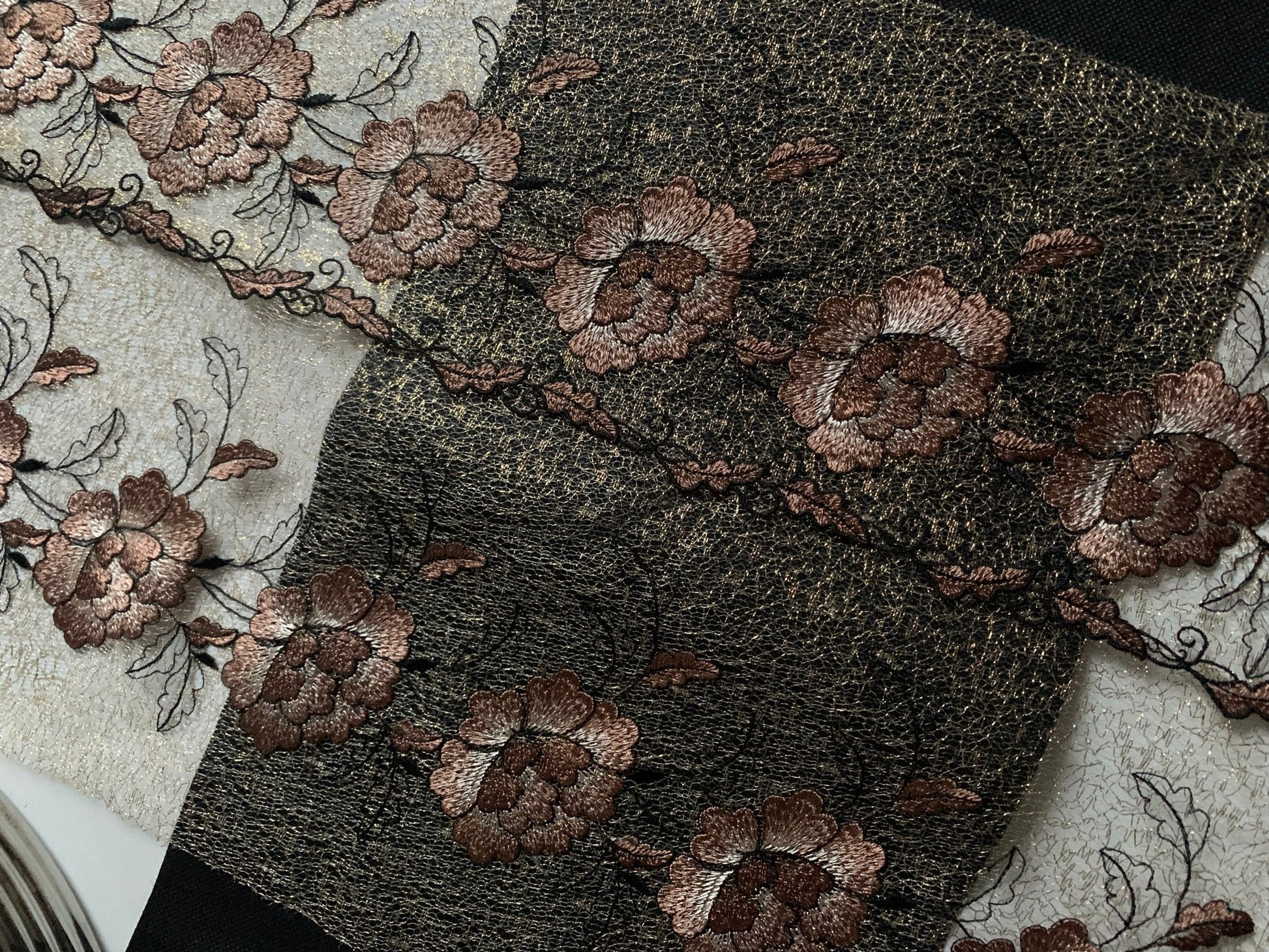 Gold Brown Embroidered Wide Lace Gauze Trim Duo Dual Floral Scallop Edge Fabric for Bra Making Bramaking Knickers Lingerie Sewing Craft