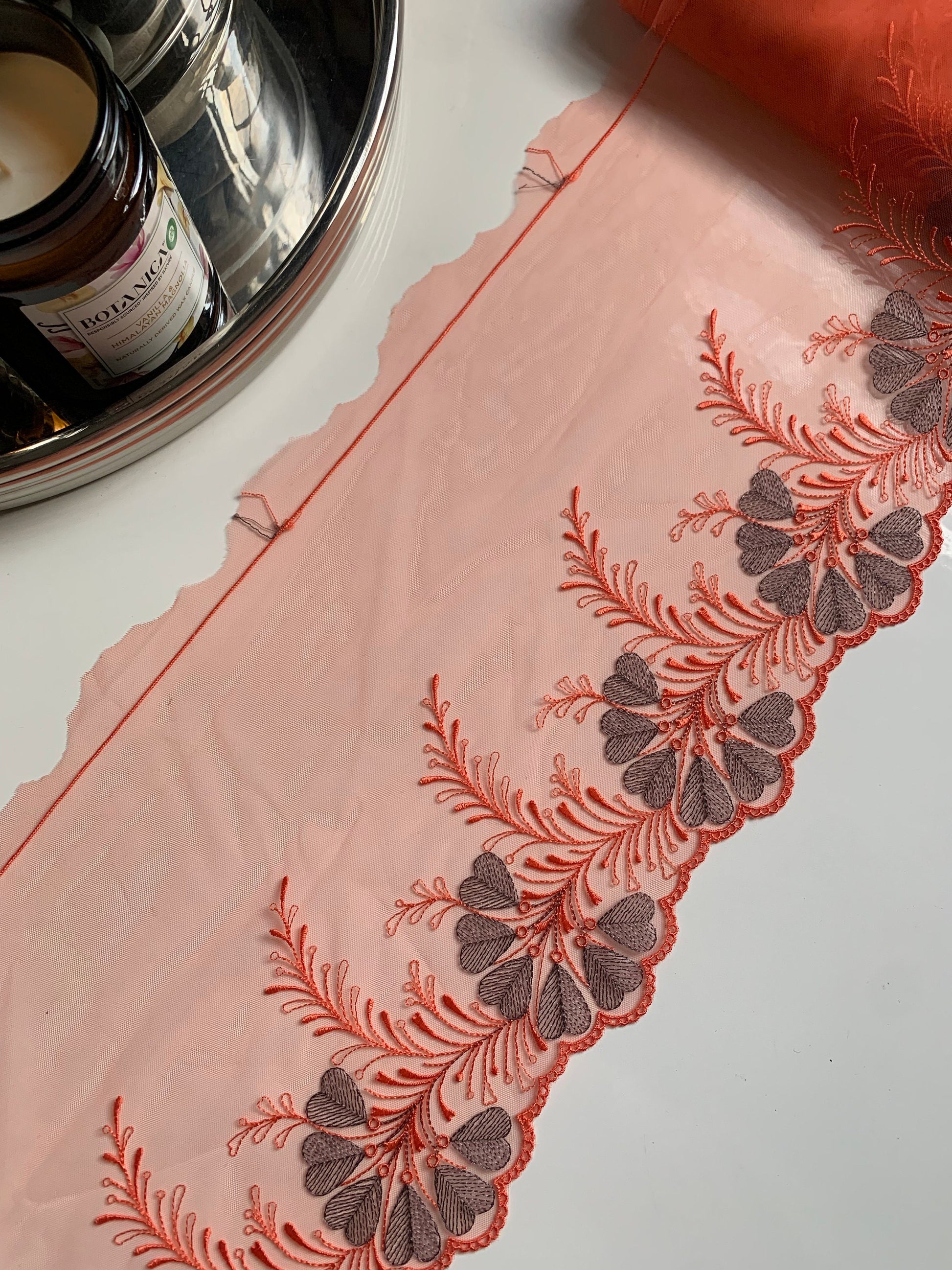 Orange Tulle Lace Trim 7.75”/19.5cm Embroidered Floral Scallop Edge Fabric for Bra Making Bramaking Knickers Lingerie Sewing Craft