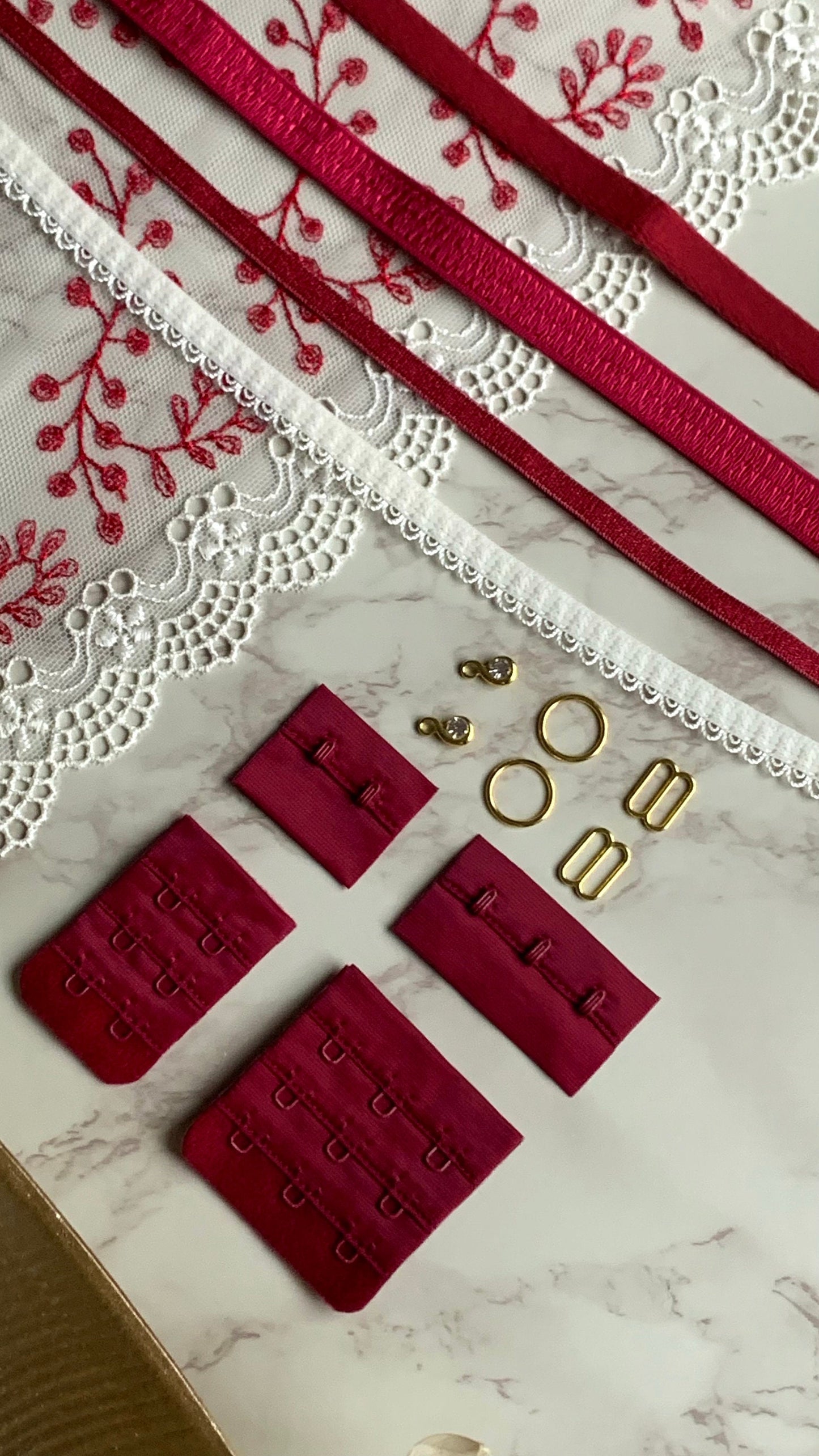 Cream Red Lace, Elastic & Findings Lingerie Bra Making Kit Embroidered Lace Trim 8”/20cm Tulle for Bra Making Knickers Lingerie Sewing Craft