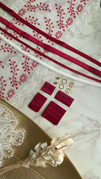 Cream Red Lace, Elastic & Findings Lingerie Bra Making Kit Embroidered Lace Trim 8”/20cm Tulle for Bra Making Knickers Lingerie Sewing Craft