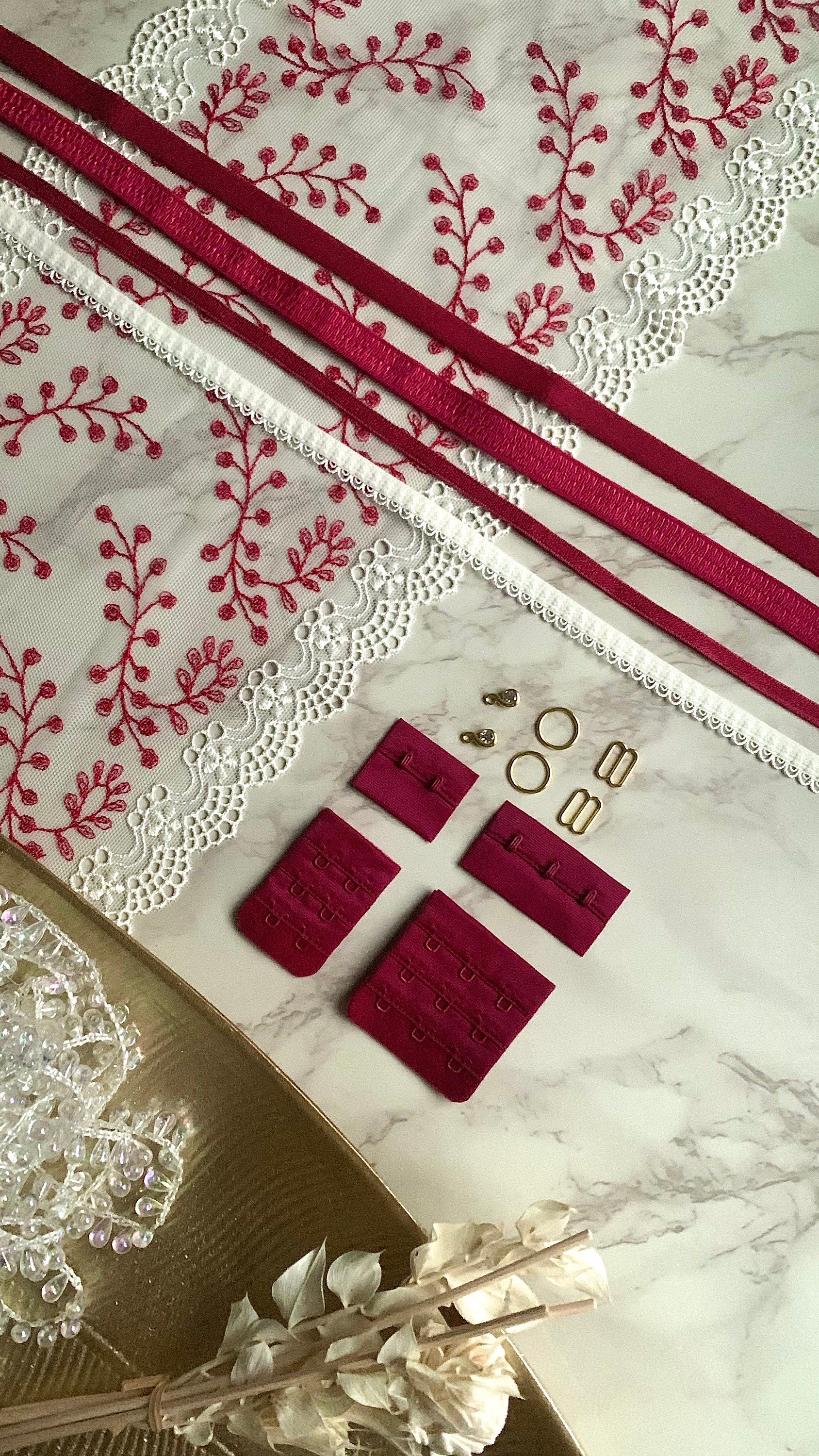 Cream Red Lace, Elastic & Findings Lingerie Bra Making Kit Embroidered Lace Trim 8”/20cm Tulle for Bra Making Knickers Lingerie Sewing Craft