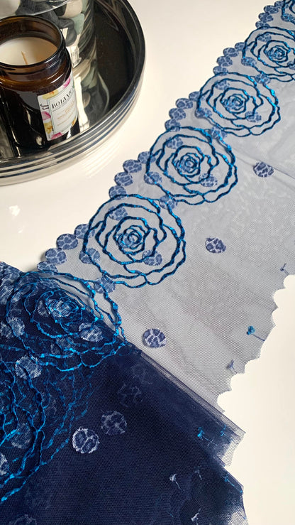 Denim Blue Floral Rose Animal Printed Embroidered Lace Trim (7.5"/19cm) Scallop Edge Fabric for Bramaking Knickers Lingerie Sewing Craft