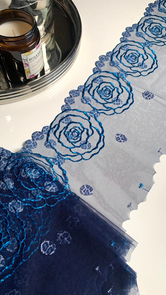 Denim Blue Floral Rose Animal Printed Embroidered Lace Trim (7.5"/19cm) Scallop Edge Fabric for Bramaking Knickers Lingerie Sewing Craft