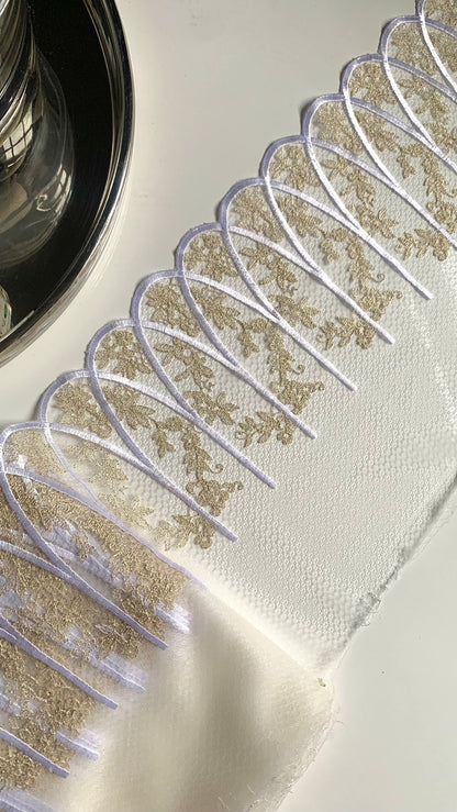 White Gold Bridal Swirl Embroidered Lace Trim (9"/23cm) Scallop Edge Fabric for Bramaking Knickers Lingerie Sewing Craft
