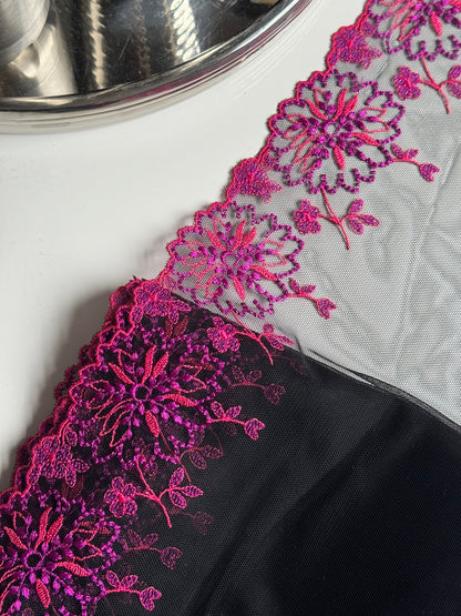 Pink Purple Fuschia Floral Embroidered Lace Trim (8"/20cm) Black Mesh Tulle Scallop Edge Fabric for Bramaking Knickers Lingerie Sewing Craft