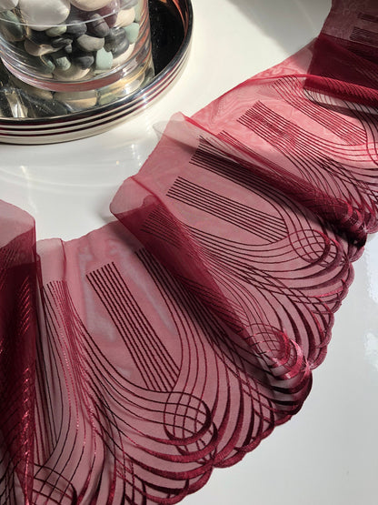 Burgundy Dark Red Swirl Embroidered Lace Trim (8.75"/22cm) Tulle Scallop Edge Fabric for Bra Making Knickers Lingerie Sewing Craft