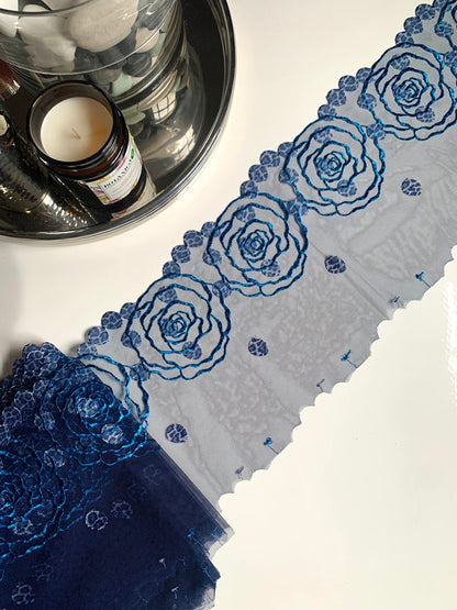 Denim Blue Floral Rose Animal Printed Embroidered Lace Trim (7.5"/19cm) Scallop Edge Fabric for Bramaking Knickers Lingerie Sewing Craft