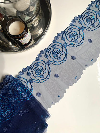 Denim Blue Floral Rose Animal Printed Embroidered Lace Trim (7.5"/19cm) Scallop Edge Fabric for Bramaking Knickers Lingerie Sewing Craft
