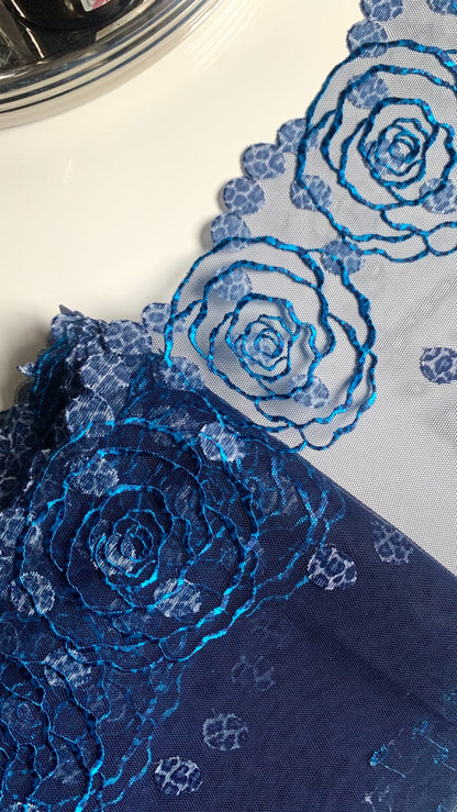 Denim Blue Floral Rose Animal Printed Embroidered Lace Trim (7.5"/19cm) Scallop Edge Fabric for Bramaking Knickers Lingerie Sewing Craft