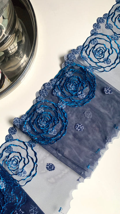 Denim Blue Floral Rose Animal Printed Embroidered Lace Trim (7.5"/19cm) Scallop Edge Fabric for Bramaking Knickers Lingerie Sewing Craft