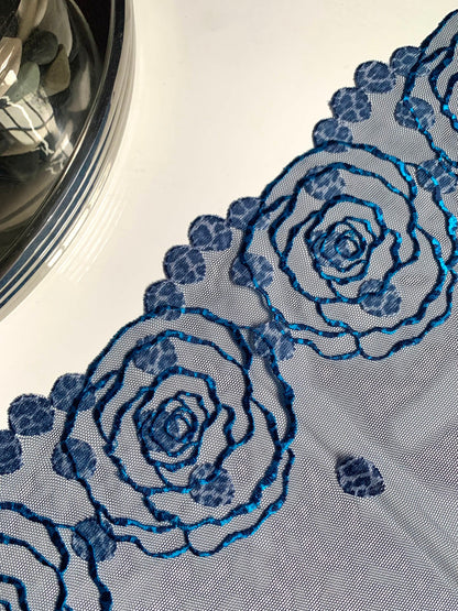 Denim Blue Floral Rose Animal Printed Embroidered Lace Trim (7.5"/19cm) Scallop Edge Fabric for Bramaking Knickers Lingerie Sewing Craft