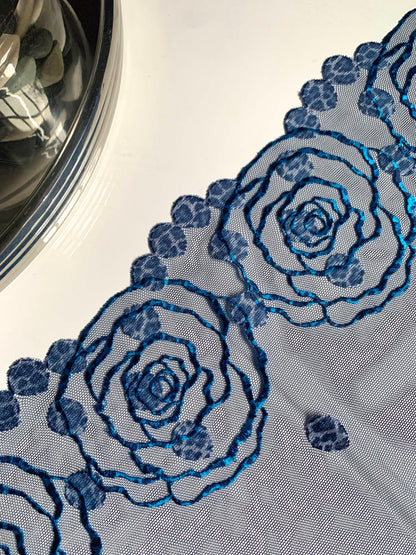 Denim Blue Floral Rose Animal Printed Embroidered Lace Trim (7.5"/19cm) Scallop Edge Fabric for Bramaking Knickers Lingerie Sewing Craft