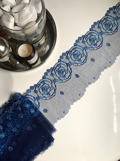 Denim Blue Floral Rose Animal Printed Embroidered Lace Trim (7.5"/19cm) Scallop Edge Fabric for Bramaking Knickers Lingerie Sewing Craft
