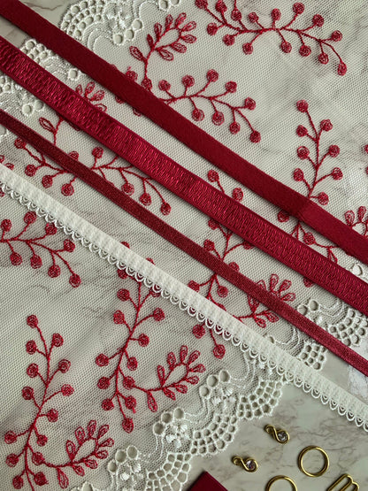 Cream Red Lace, Elastic & Findings Lingerie Bra Making Kit Embroidered Lace Trim 8”/20cm Tulle for Bra Making Knickers Lingerie Sewing Craft