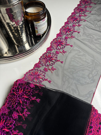 Pink Purple Fuschia Floral Embroidered Lace Trim (8"/20cm) Black Mesh Tulle Scallop Edge Fabric for Bramaking Knickers Lingerie Sewing Craft