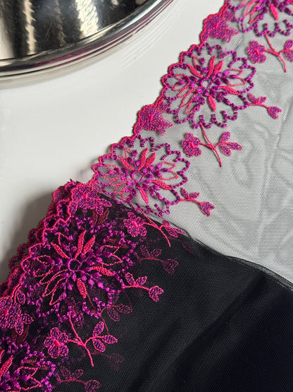 Pink Purple Fuschia Floral Embroidered Lace Trim (8"/20cm) Black Mesh Tulle Scallop Edge Fabric for Bramaking Knickers Lingerie Sewing Craft