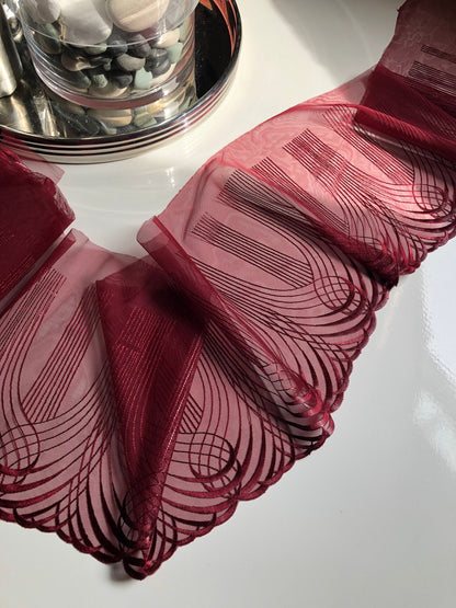 Burgundy Dark Red Swirl Embroidered Lace Trim (8.75"/22cm) Tulle Scallop Edge Fabric for Bra Making Knickers Lingerie Sewing Craft