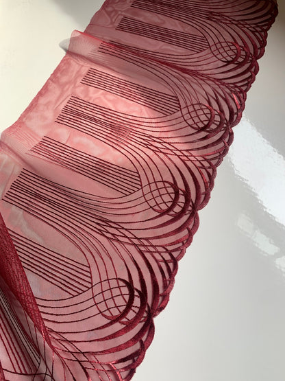 Burgundy Dark Red Swirl Embroidered Lace Trim (8.75"/22cm) Tulle Scallop Edge Fabric for Bra Making Knickers Lingerie Sewing Craft