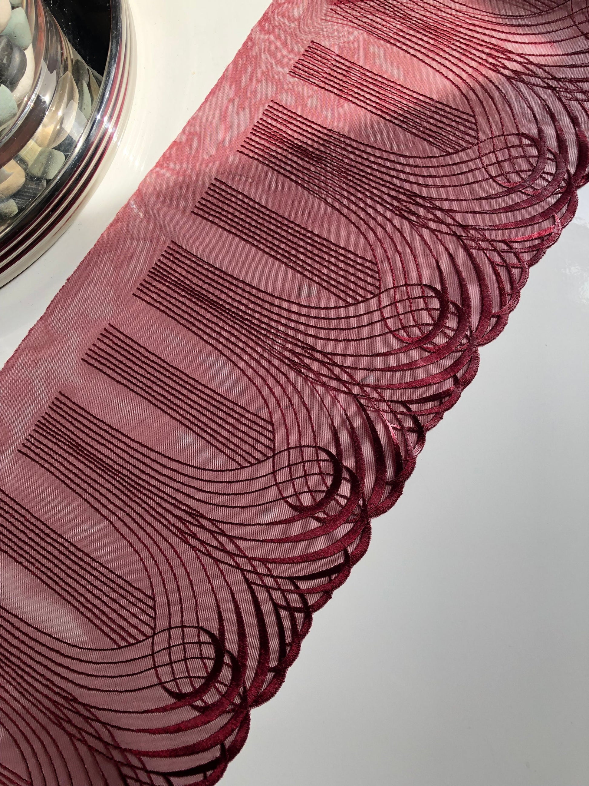 Burgundy Dark Red Swirl Embroidered Lace Trim (8.75"/22cm) Tulle Scallop Edge Fabric for Bra Making Knickers Lingerie Sewing Craft